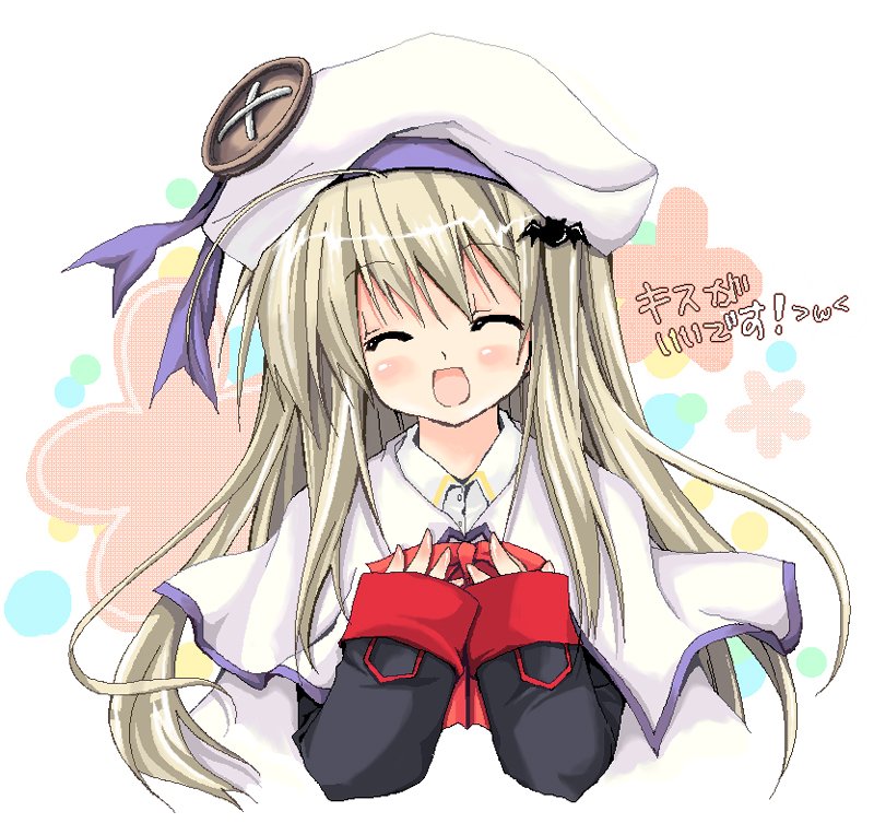 purinpurin, noumi kudryavka, little busters!, bad id, bad pixiv id, blonde hair, blush, buttons, closed eyes, hat, large buttons, long hair, oekaki, ribbon, school uniform, serafuku, smile, solo