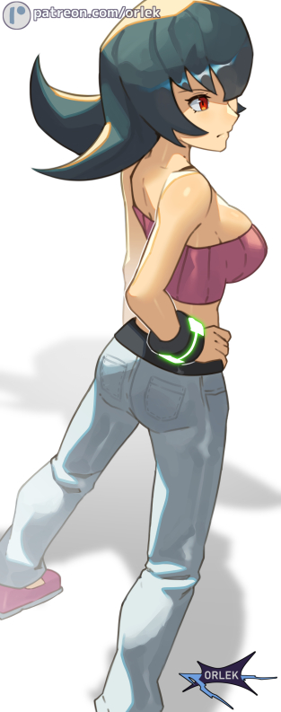 orlek, sabrina (pokemon), nintendo, pokemon, pokemon hgss, commentary, english commentary, 1girl, arm at side, artist logo, artist name, ass, bare arms, blue hair, blunt bangs, bracelet, breasts, camisole, crop top, flipped hair, hand on own hip, jewelry, logo, medium breasts, medium hair, midriff, pants, patreon logo, pink camisole, red eyes, ribbed camisole, solo, watermark, web address, white pants