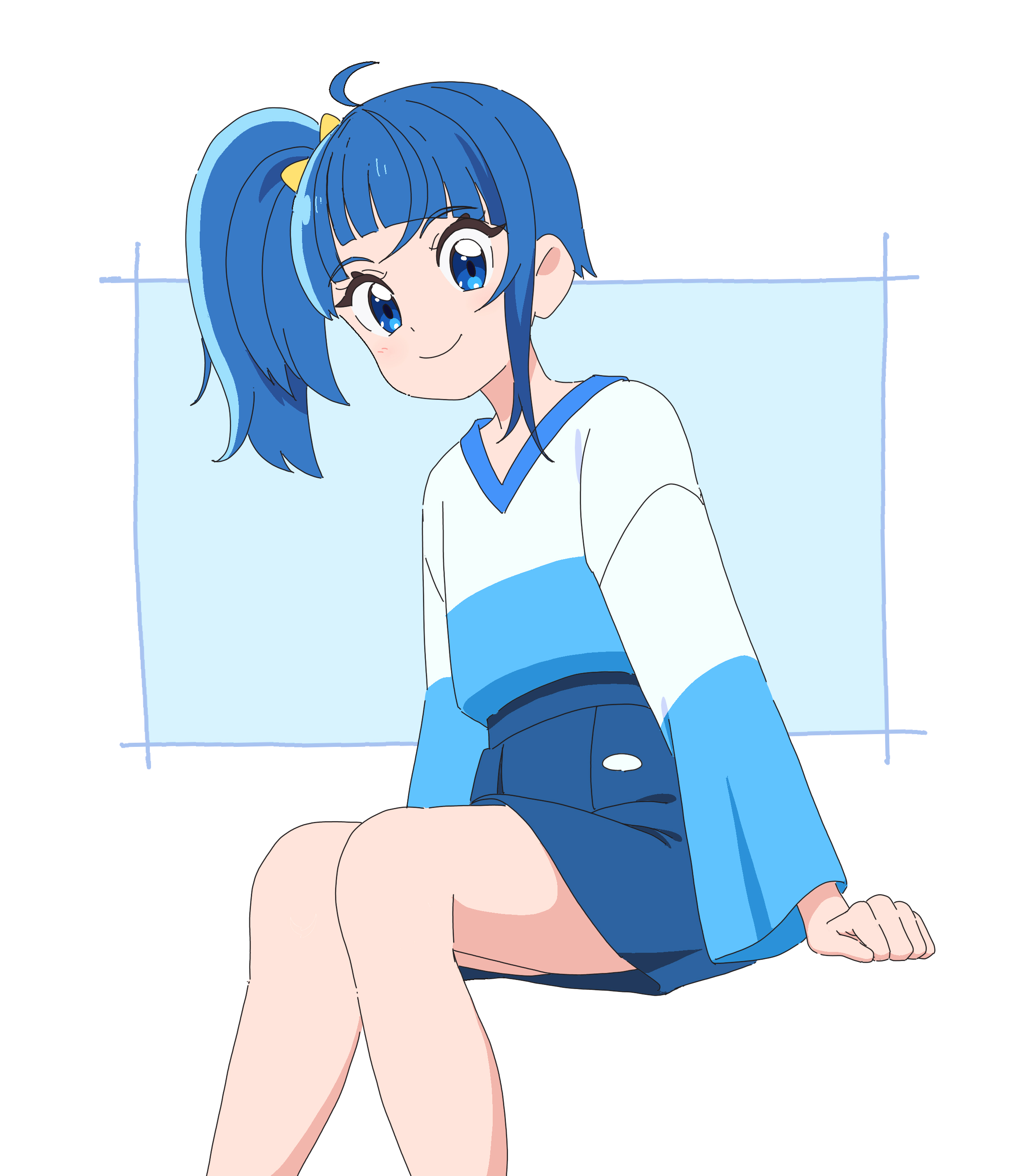 destino, sora harewataru, hirogaru sky! precure, precure, absurdres, commentary, highres, 1girl, blue eyes, blue hair, blue shirt, blue skirt, bow, casual, closed mouth, cut bangs, hair bow, invisible chair, long sleeves, looking at viewer, medium hair, miniskirt, pleated skirt, shirt, side ponytail, single sidelock, sitting, skirt, smile, solo, t-shirt, two-tone shirt, white shirt, yellow bow