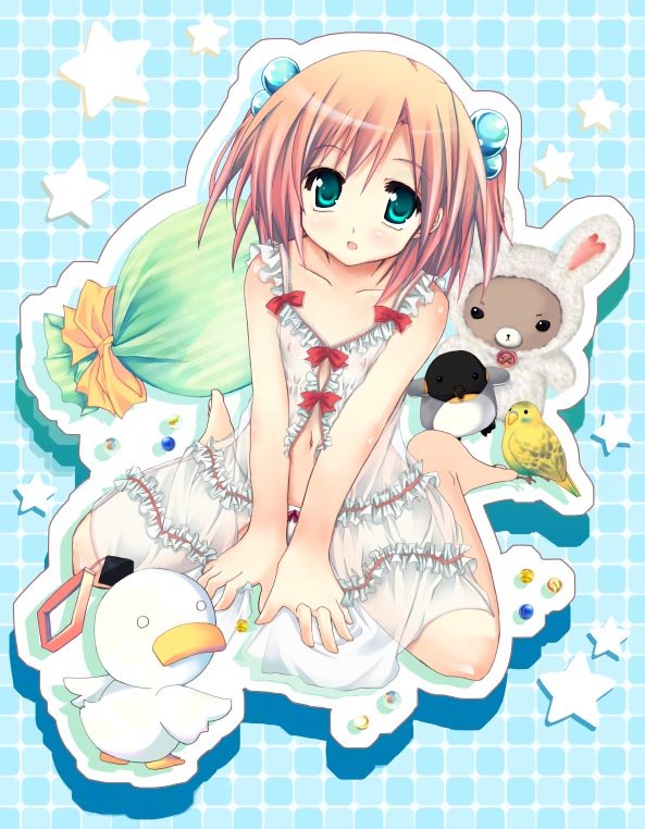 purinpurin, nijihara ink, moetan, bad id, bad pixiv id, 00s, 1girl, babydoll, barefoot, bird, canary, covered erect nipples, doll, dress, duck, female focus, green eyes, hair bobbles, hair ornament, lingerie, marble (toy), nipples, panties, penguin, see-through clothes, sitting, solo, star (symbol), stuffed toy, underwear, v arms, wariza, white panties
