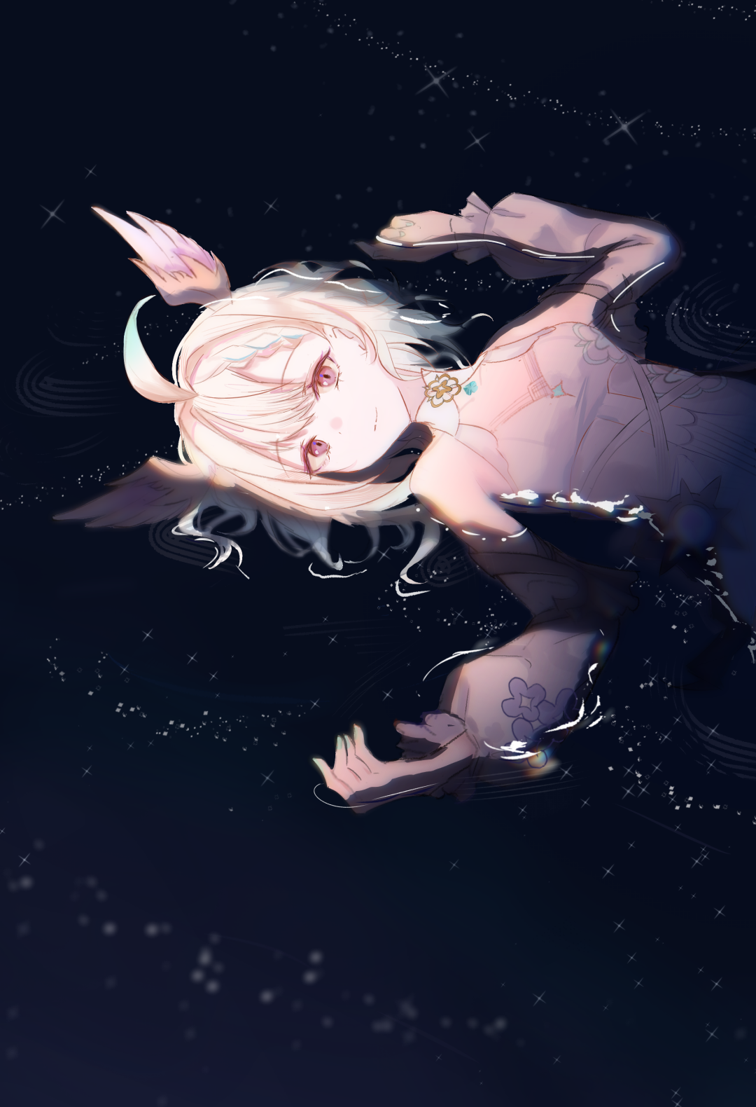 kaera, enna alouette, enna alouette (2nd costume), nijisanji, nijisanji en, highres, 1girl, afloat, ahoge, aqua nails, blonde hair, braid, breasts, dress, head wings, in water, light smile, looking at viewer, lying, medium hair, on back, partially submerged, purple eyes, small breasts, solo, virtual youtuber, white dress, wings