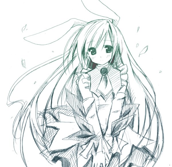 purinpurin, shiratori arisu, moetan, bad id, bad pixiv id, 00s, 1girl, animal ears, aqua theme, dress, female focus, long hair, looking at viewer, monochrome, rabbit ears, simple background, sketch, solo, white background
