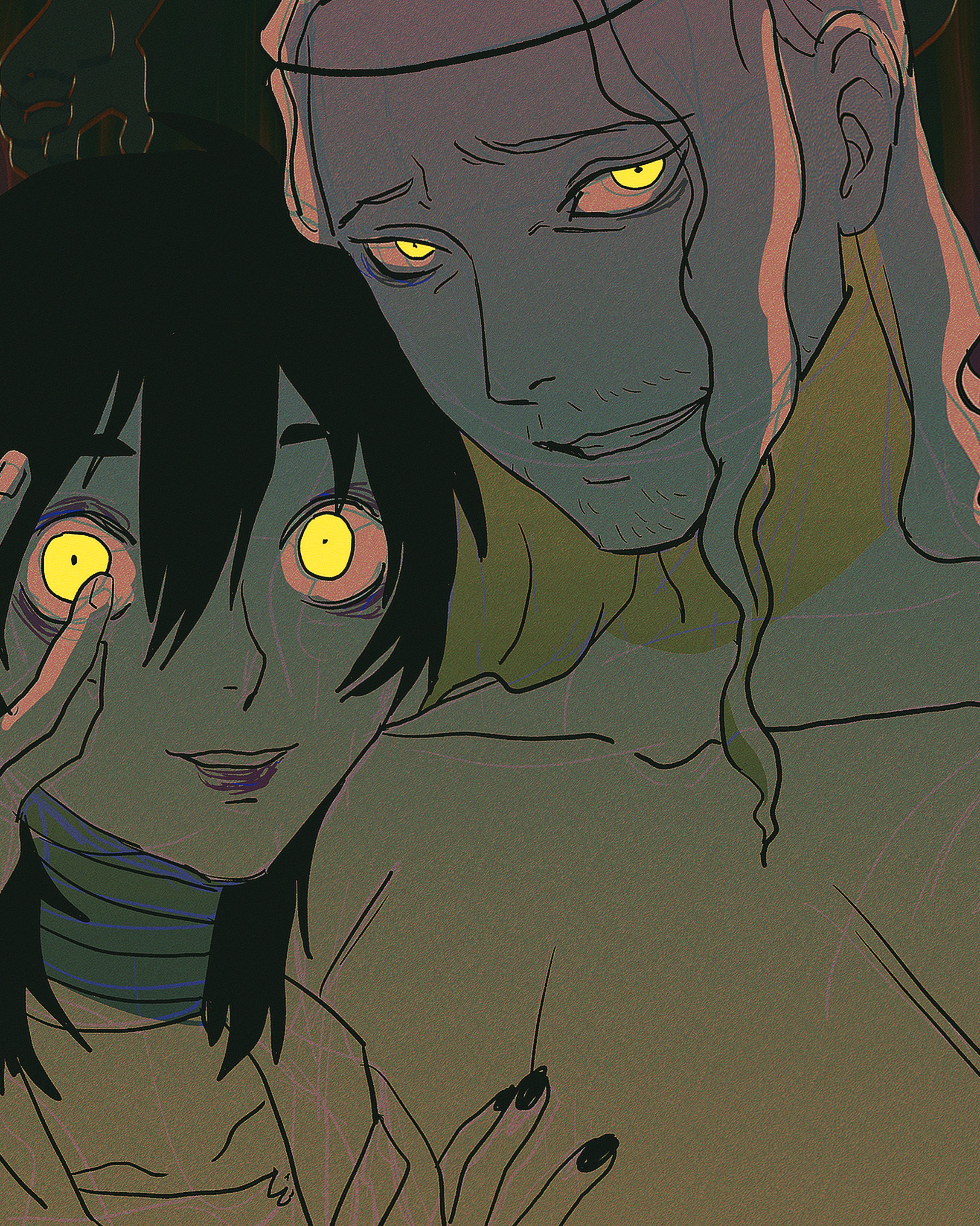 sakaki takaya, original, persona, persona 3, absurdres, commentary request, highres, korean commentary, 1boy, 1girl, black hair, facial hair, glowing, glowing eyes, hand on another's chest, hand on another's face, jikanet tanaka, long hair, looking at viewer, smile, topless male, upper body, yellow eyes