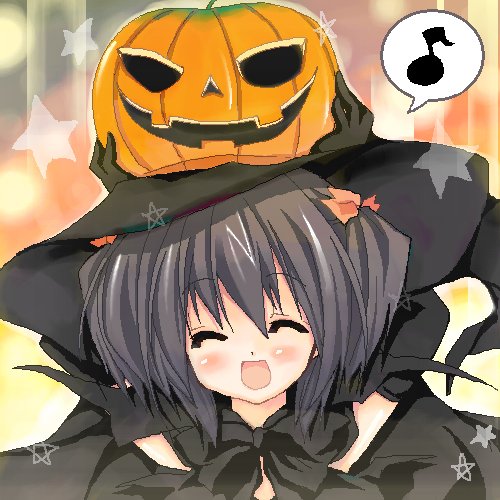 purinpurin, yuzuhara konomi, to heart (series), to heart 2, bad id, bad pixiv id, lowres, 00s, 1girl, black hair, blush, female focus, halloween, hat, jack-o'-lantern, oekaki, pumpkin, pumpkin hat, ribbon, smile, solo, speech bubble, witch hat