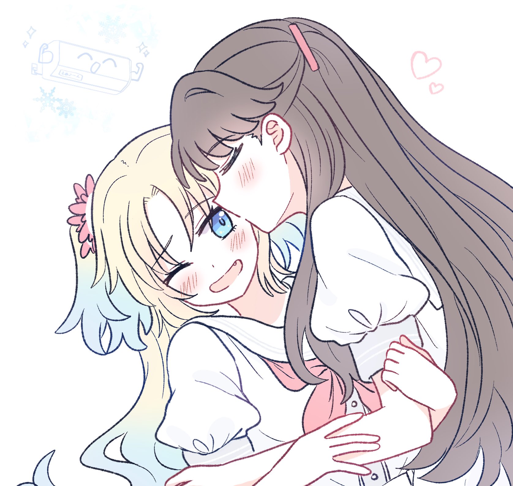 watage modoki, fujishima megumi, osawa rurino, link! like! love live!, love live!, commentary, highres, symbol-only commentary, 2girls, ;d, air conditioner, blonde hair, blue eyes, blue hair, blush, brown hair, closed eyes, dress, fang, flower, gradient hair, hair flower, hair ornament, hasu no sora school uniform, imminent kiss, long hair, mira-cra park!, multicolored hair, multiple girls, neckerchief, one eye closed, open mouth, pink flower, puffy short sleeves, puffy sleeves, red neckerchief, sailor collar, sailor dress, school uniform, short sleeves, simple background, smile, twintails, two side up, upper body, virtual youtuber, white background, white dress, white sailor collar, yuri