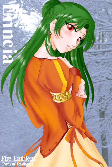 hissaa (starlight express), elincia ridell crimea, fire emblem, fire emblem: path of radiance, nintendo, bad id, 1girl, character name, copyright name, female focus, green hair, hair bun, half updo, long hair, princess, red eyes, solo