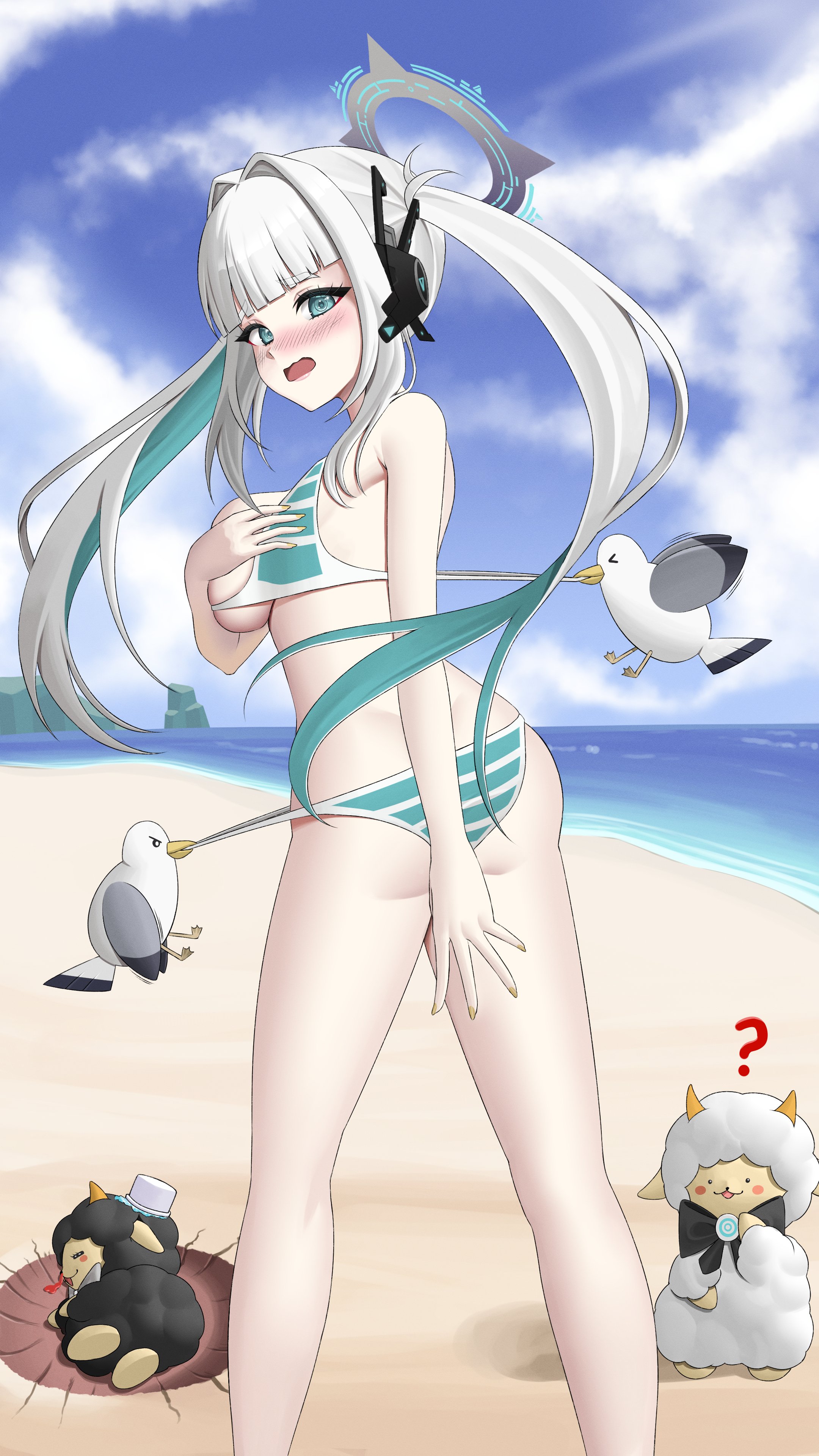 nagamma, eru nabura, indie virtual youtuber, 1girl, 2others, animal, aqua bikini, aqua eyes, aqua hair, ass, bikini, bird, blue sky, blush, breasts, confused, covering breasts, covering privates, day, embarrassed, feet out of frame, from behind, grey hair, grey halo, halo, large breasts, long hair, multicolored bikini, multicolored hair, multiple others, ocean, open mouth, outdoors, sand, seagull, sky, solo focus, standing, striped bikini, striped clothes, swimsuit, twintails, two-tone bikini, two-tone hair, virtual youtuber, water, wavy mouth, white bikini