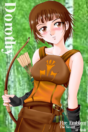 hissaa (starlight express), dorothy (fire emblem), fire emblem, fire emblem: the binding blade, nintendo, bad id, 1girl, arrow (projectile), bow (weapon), brown eyes, brown hair, character name, copyright name, female focus, freckles, short hair, solo, weapon
