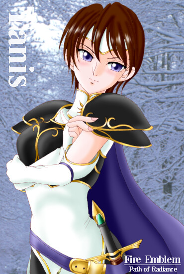 hissaa (starlight express), tanith (fire emblem), fire emblem, fire emblem: path of radiance, nintendo, pegasus knight uniform (fire emblem), bad id, 1girl, armor, blue eyes, brown hair, cape, character name, copyright name, crossed arms, elbow gloves, female focus, fingerless gloves, gloves, solo, sword, tiara, weapon