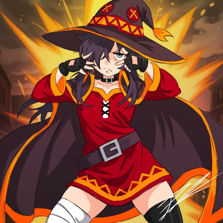 1am c3sar, kuroki tomoko, megumin, kono subarashii sekai ni shukufuku wo!, watashi ga motenai no wa dou kangaetemo omaera ga warui!, 1girl, bandaged leg, bandages, belt, black belt, black gloves, black hair, black hat, black thighhighs, button eyes, buttons, closed mouth, cosplay, dress, explosion, explosion background, fingerless gloves, frown, gloves, green eyes, hair over one eye, hands up, hat, long hair, megumin (cosplay), red dress, single thighhigh, solo, thighhighs, witch hat