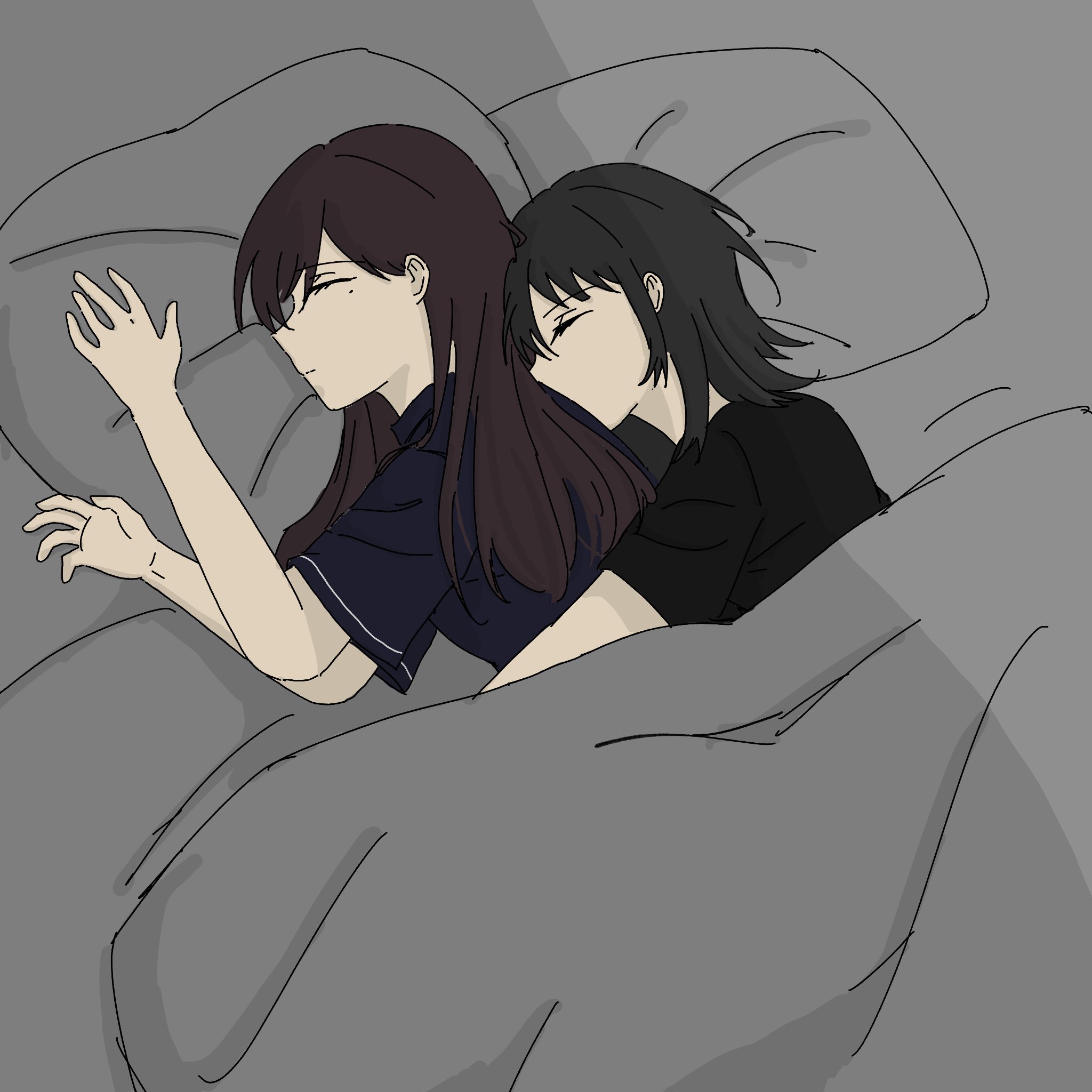 shiina taki, yahata umiri, bang dream!, bang dream! it's mygo!!!!!, commentary, hashtag-only commentary, highres, 2girls, black hair, black shirt, blue shirt, brown hair, closed eyes, closed mouth, cuddling, long hair, mole, mole under eye, multiple girls, pillow, shirt, short sleeves, under covers, yuri, zleep