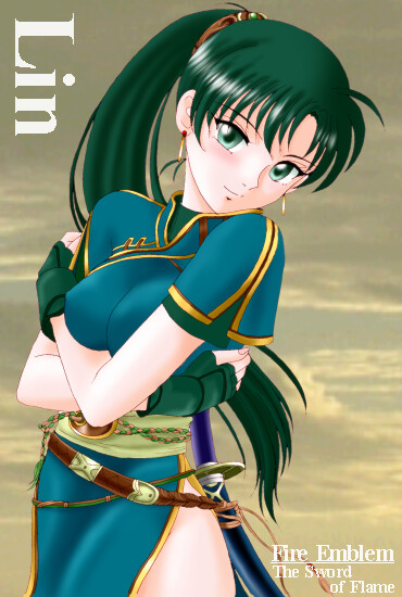 hissaa (starlight express), lyn (fire emblem), fire emblem, fire emblem: the blazing blade, nintendo, bad id, 1girl, breasts, character name, copyright name, covered erect nipples, female focus, gloves, green eyes, green hair, jewelry, katana, large breasts, long hair, matching hair/eyes, ponytail, side slit, solo, sword, weapon