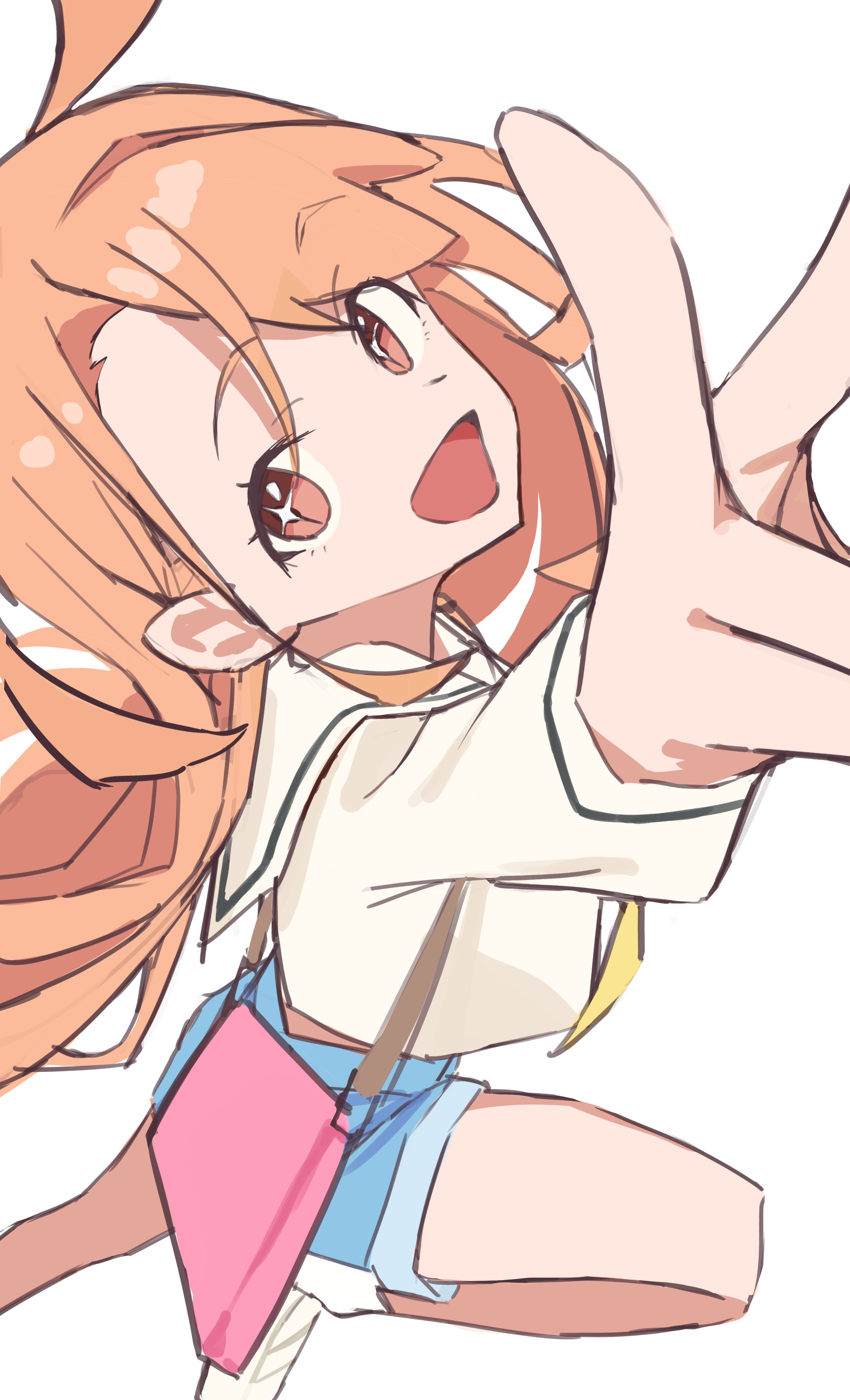 sunkeun, takahashi polka, ikizulive! love live! bluebird, love live!, absurdres, commentary request, highres, + +, 1girl, :d, arm up, bag, blue shorts, foreshortening, handbag, loafers, long hair, long sleeves, one side up, open mouth, orange hair, pink bag, sailor collar, sailor shirt, shirt, shoes, short shorts, shorts, simple background, smile, solo, v, white background, white sailor collar, white shirt, white shoes