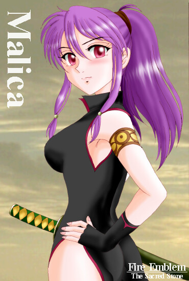 hissaa (starlight express), marisa (fire emblem), fire emblem, fire emblem: the sacred stones, nintendo, bad id, 1girl, armband, armlet, ass, blush, character name, copyright name, female focus, fingerless gloves, gloves, hand on own hip, hip focus, jewelry, katana, pink eyes, ponytail, purple hair, red eyes, serious, side slit, solo, sword, weapon