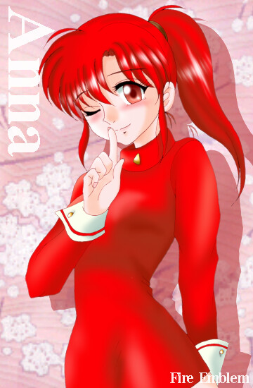 hissaa (starlight express), anna (fire emblem), fire emblem, nintendo, bad id, 1girl, character name, copyright name, female focus, ponytail, red eyes, red hair, solo, split mouth