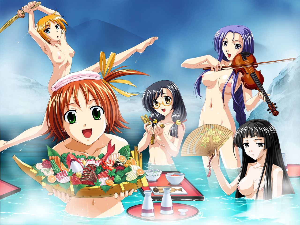 fukushima kinu, honda sarasa, katou asa, kuroda rinzu, sanada momen, lime-iro senkitan, 5girls, alcohol, black hair, blue eyes, blue hair, breasts, censored, convenient censoring, folding fan, food, glasses, green eyes, grey eyes, hand fan, instrument, large breasts, medium breasts, multiple girls, nipples, nude, onsen, orange hair, red hair, sake, shinai, short hair, sword, violin, weapon, yellow eyes