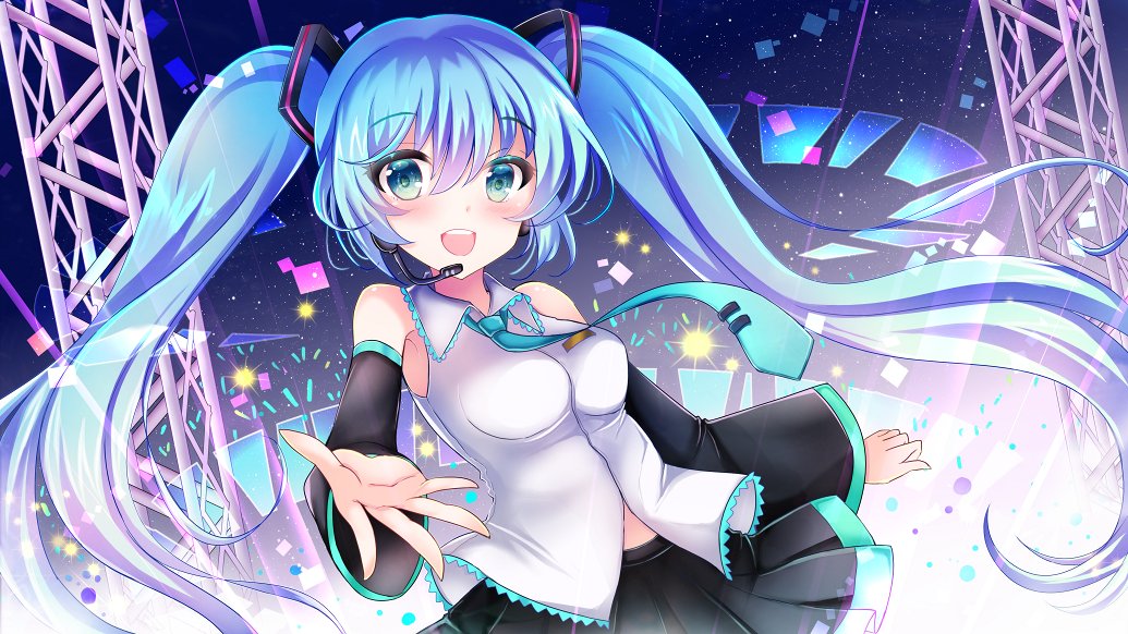 terimuku, hatsune miku, vocaloid, commentary request, 1girl, :d, bare shoulders, black skirt, black sleeves, blue hair, blue necktie, blush, breasts, collared shirt, detached sleeves, dress shirt, floating hair, glowstick, green eyes, hair between eyes, long hair, long sleeves, looking at viewer, medium breasts, necktie, open mouth, pleated skirt, shirt, skirt, sleeveless, sleeveless shirt, smile, solo, teeth, tie clip, twintails, upper teeth only, very long hair, white shirt, wide sleeves