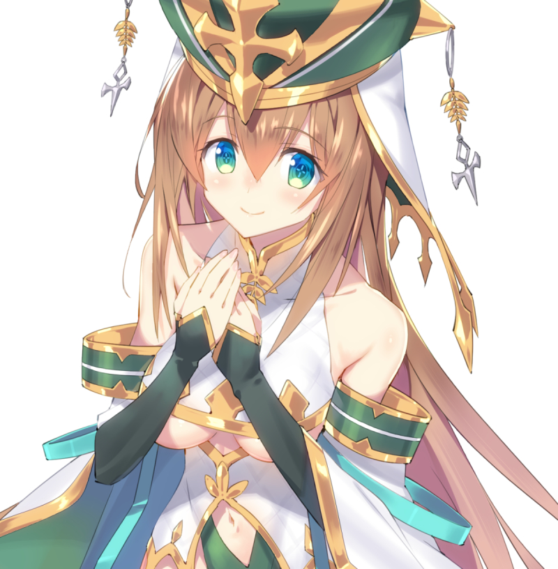 sasaki mutsumi, original, commission, skeb commission, 1girl, bare shoulders, blue eyes, breasts, brown hair, clothing cutout, detached sleeves, dress, gradient eyes, green eyes, green hat, green sleeves, hat, long hair, looking at viewer, multicolored eyes, navel, navel cutout, simple background, smile, solo, symbol-shaped pupils, underboob, upper body, white background, white dress, white sleeves