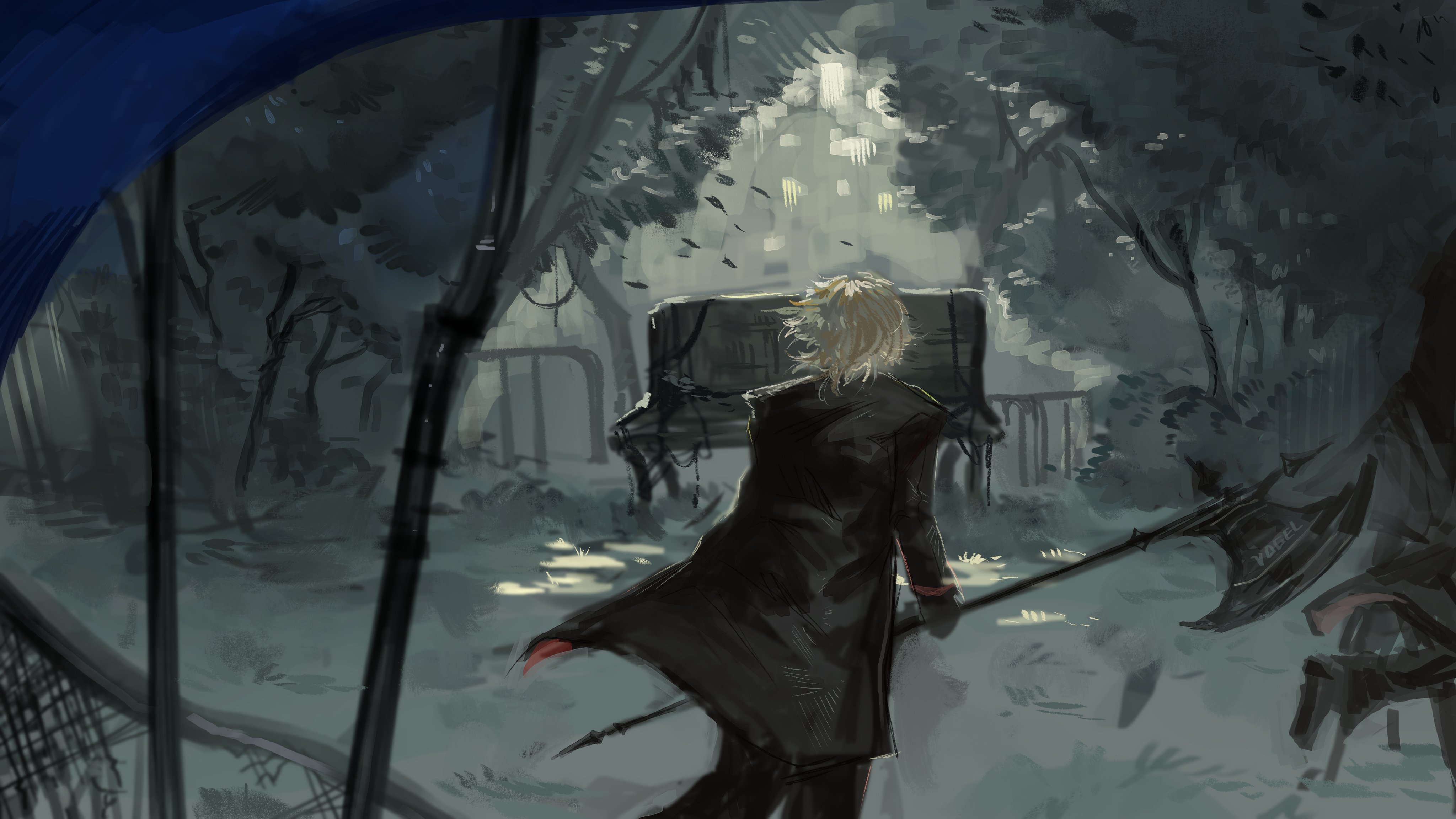 lycanthix, sinclair (project moon), limbus company, project moon, absurdres, highres, 1boy, bench, black coat, black gloves, black pants, blonde hair, coat, facing away, gloves, holding, holding polearm, holding weapon, long sleeves, male focus, outdoors, pants, polearm, short hair, solo, standing, tree, upper body, weapon