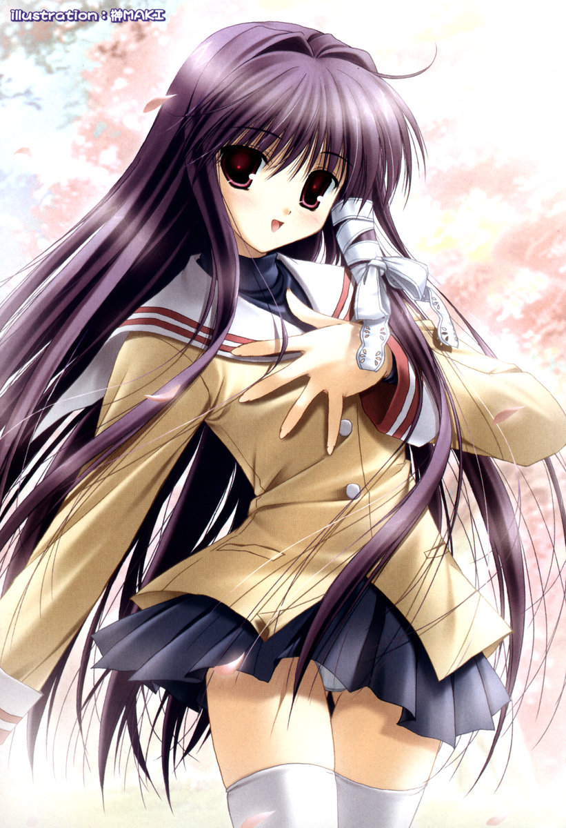 sakaki maki, fujibayashi kyou, clannad, highres, 00s, cherry blossoms, hair ribbon, long hair, panties, pantyshot, purple hair, red eyes, ribbon, school uniform, serafuku, solo, thighhighs, underwear, very long hair, white thighhighs, wind, zettai ryouiki