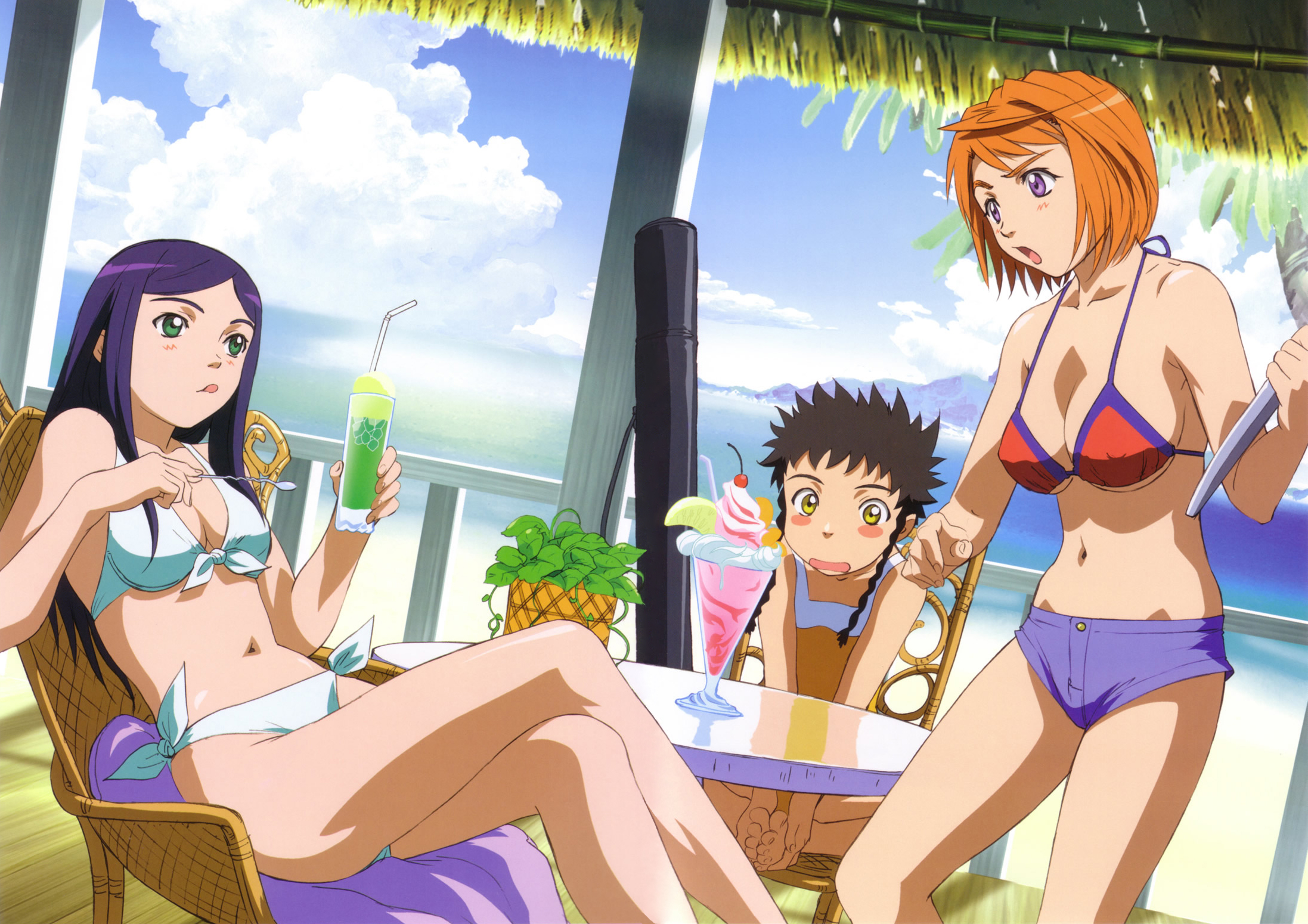 hisayuki hirokazu, kuga natsuki, minagi mikoto, tokiha mai, my-hime, highres, official art, scan, >:o, 00s, 3girls, :o, :p, age difference, ahoge, barefoot, beach, bikini, bikini top only, black hair, blue hair, blue shorts, blush, blush stickers, braid, breasts, casual one-piece swimsuit, chair, cherry, cleavage, cloud, crossed legs, cup, cushion, day, drink, drinking glass, drinking straw, dutch angle, feet, feet together, flat chest, food, front-tie bikini top, front-tie top, fruit, green eyes, hands on feet, holding, ice cream, knees apart feet together, large breasts, leaning back, lime (fruit), long hair, looking at another, mountain, multiple girls, navel, ocean, one-piece swimsuit, open mouth, orange hair, outdoors, palm tree, parted bangs, plant, potted plant, purple eyes, railing, red bikini, short hair, short hair with long locks, short shorts, shorts, side-tie bikini bottom, side braid, sideboob, sidelocks, sitting, sky, spiked hair, standing, staring, string bikini, sundae, swept bangs, swimsuit, table, toes, tongue, tongue out, tray, tree, twin braids, underboob, v-shaped eyebrows, water, white bikini, wide-eyed, wooden floor, yellow eyes, yellow one-piece swimsuit