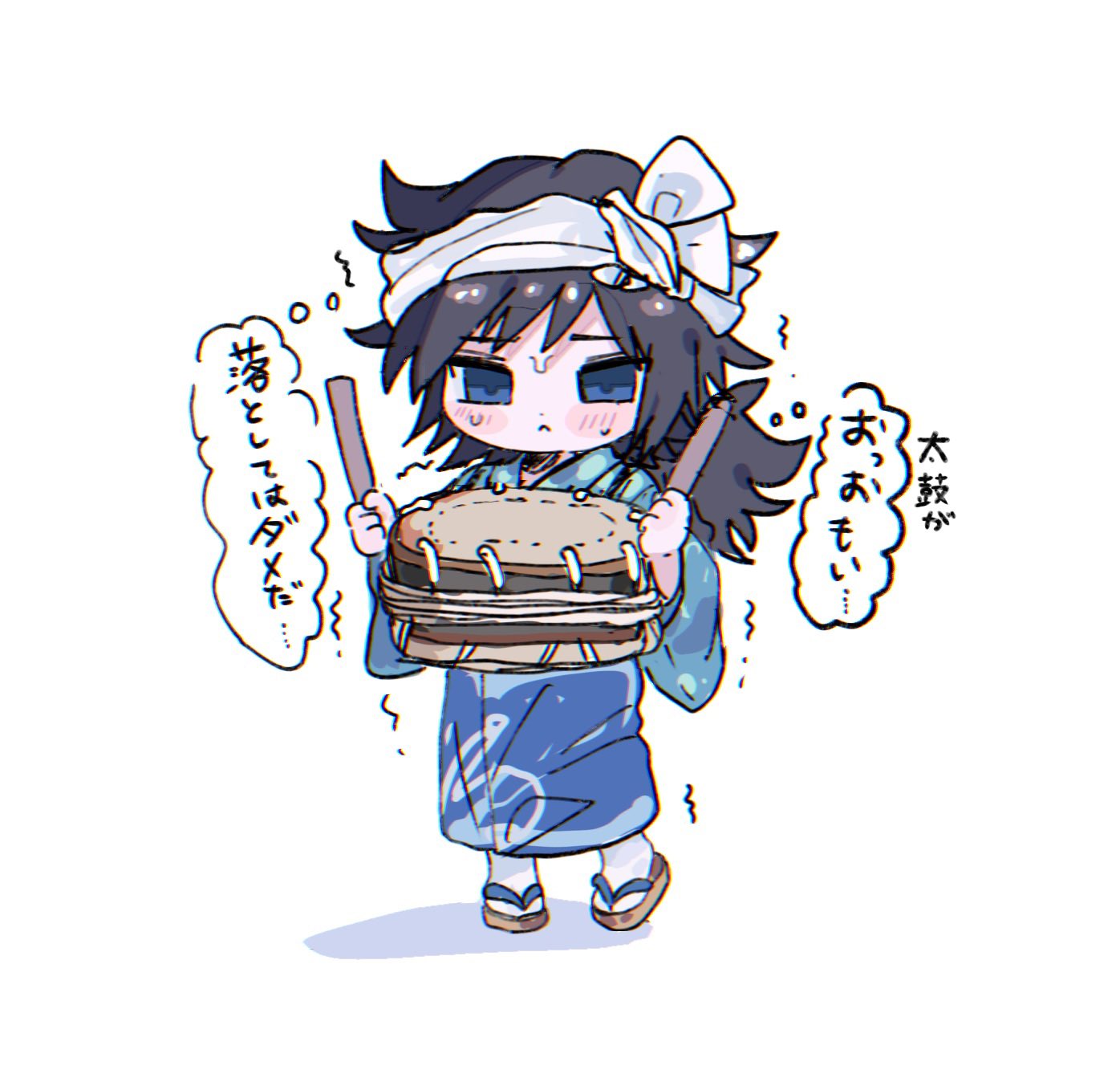 tomioka giyuu, kimetsu no yaiba, highres, translation request, 1boy, alternate costume, black hair, blue eyes, blue kimono, blush, chibi, chibi only, closed mouth, drum, drumsticks, empty eyes, full body, holding, holding drumsticks, instrument, japanese clothes, kimono, long hair, low ponytail, male focus, ponytail, sandals, shadow, simple background, socks, solo, speech bubble, spiked hair, sweat, trembling, usisandao, white background, white socks