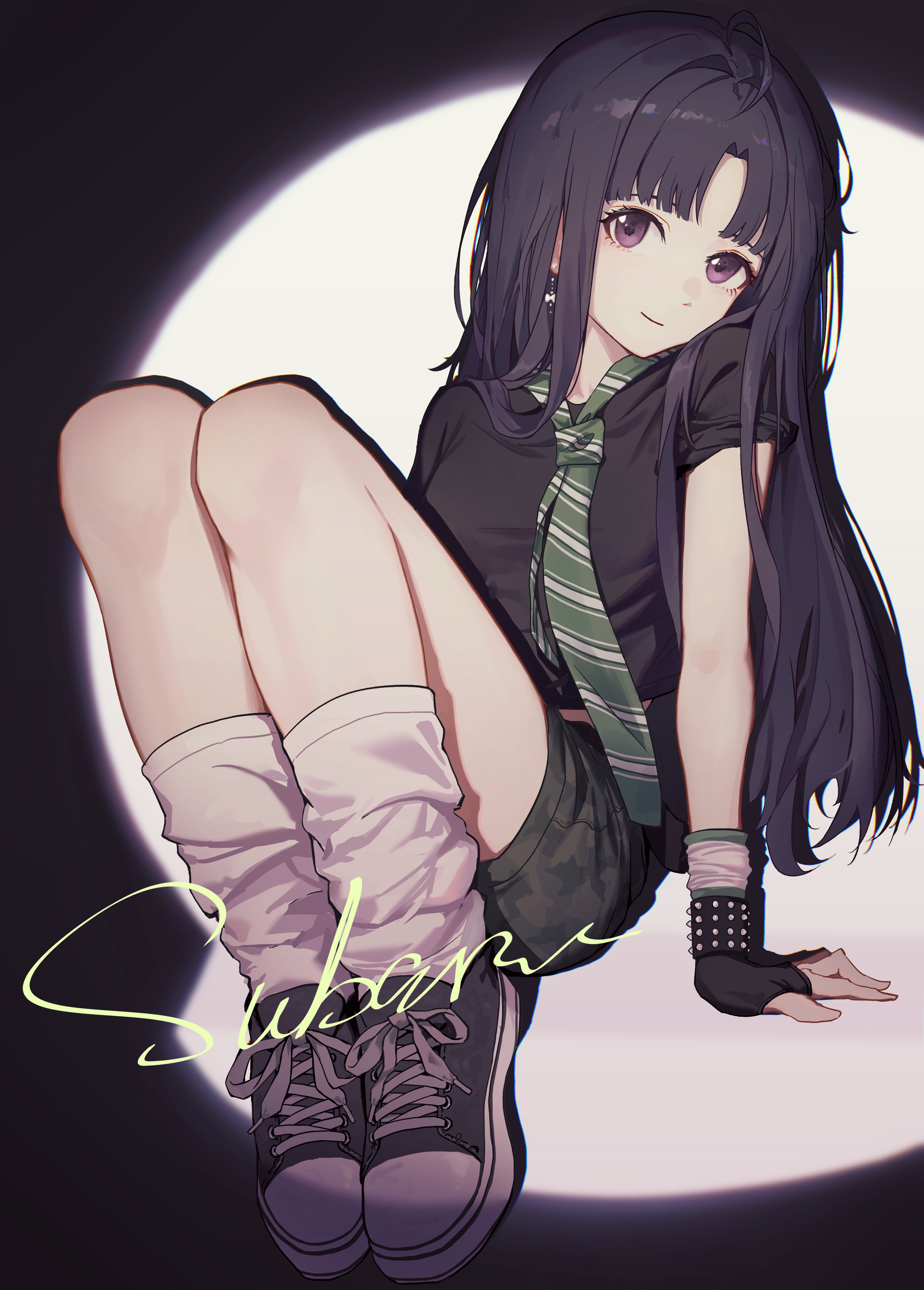 enip o, awa subaru, girls band cry, absurdres, highres, 1girl, black gloves, black hair, black shirt, black shoes, character name, closed mouth, diagonal-striped clothes, diagonal-striped necktie, fingerless gloves, full body, gloves, green necktie, kneehighs, knees up, light smile, long hair, looking at viewer, necktie, shirt, shoes, short sleeves, sitting, sneakers, socks, solo, spotlight, striped clothes, white shoes, white socks