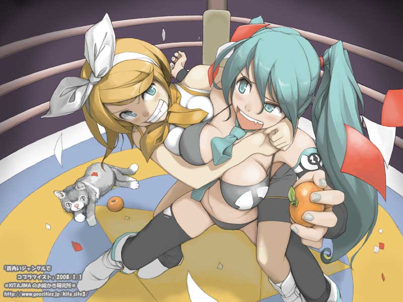 kitajima, hatsune miku, kagamine rin, vocaloid, black legwear, domination, 2girls, aqua eyes, aqua hair, between breasts, bikini, blonde hair, boots, bow, breasts, cat, food, fruit, grey nails, hair bow, holding, holding food, holding fruit, long hair, mandarin orange, multiple girls, nail polish, necktie, short hair, swimsuit, thighhighs, twintails, very long hair, wrestling, wrestling ring