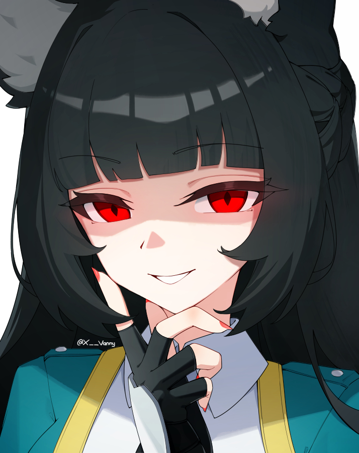 xsan vanny, hoshimi miyabi, zenless zone zero, hashtag-only commentary, 1girl, animal ear fluff, animal ears, black gloves, black hair, blunt bangs, collared shirt, fingerless gloves, fox ears, fox girl, gloves, hand on own chin, jacket, long hair, looking at viewer, portrait, red eyes, shirt, sidelocks, smile, solo, twitter username, white shirt
