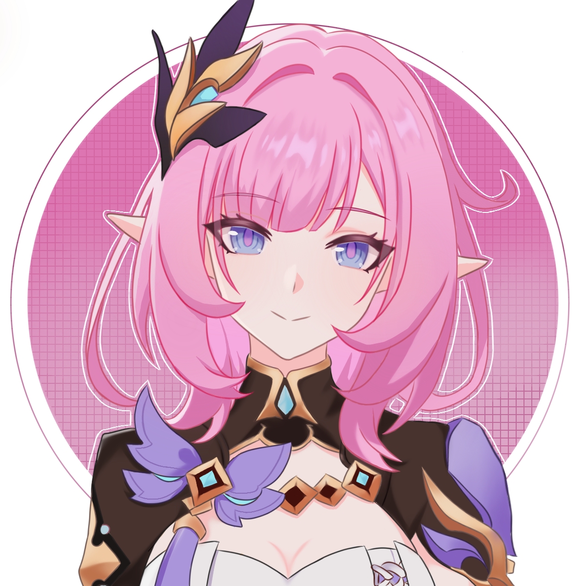 elysia (honkai impact), elysia (miss pink elf) (honkai impact), honkai (series), honkai impact 3rd, chinese commentary, commentary request, highres, 1girl, blue eyes, breasts, cleavage, corset, elf, gui0644758, hair ornament, large breasts, long hair, looking at viewer, oval background, pink background, pink hair, pointy ears, shrug (clothing), solo, white background, white corset