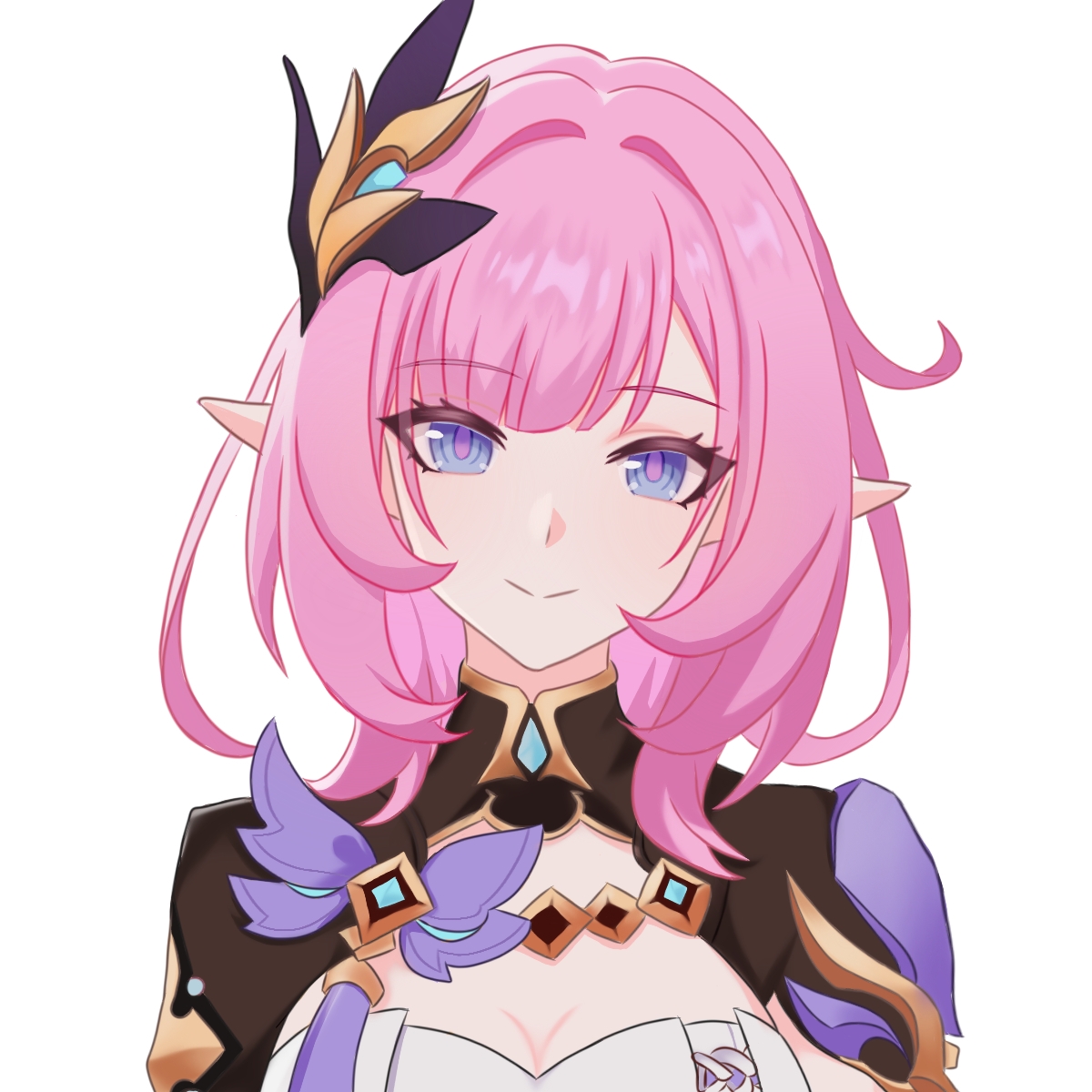 elysia (honkai impact), elysia (miss pink elf) (honkai impact), honkai (series), honkai impact 3rd, chinese commentary, commentary request, highres, 1girl, blue eyes, breasts, cleavage, corset, elf, gui0644758, hair ornament, large breasts, long hair, looking at viewer, pink hair, pointy ears, shrug (clothing), simple background, solo, white background, white corset