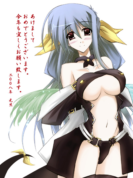 dizzy (guilty gear), arc system works, guilty gear, translated, 1girl, asymmetrical wings, blue hair, breasts, female focus, large breasts, new year, red eyes, ribbon, simple background, solo, tail, tail ornament, tail ribbon, thighhighs, underboob, white background, wings