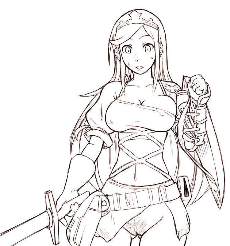 sato iori, aisha (ash), archaic sealed heat, ash (game), 1girl, areola slip, armor, belt, blush, bottomless, breasts, covered erect nipples, crown, female focus, female pubic hair, gloves, greyscale, large breasts, lineart, long hair, monochrome, navel, no bra, no panties, pubic hair, pussy, shield, solo, sweat, sword, tattoo, uncensored, weapon, wind, wind lift
