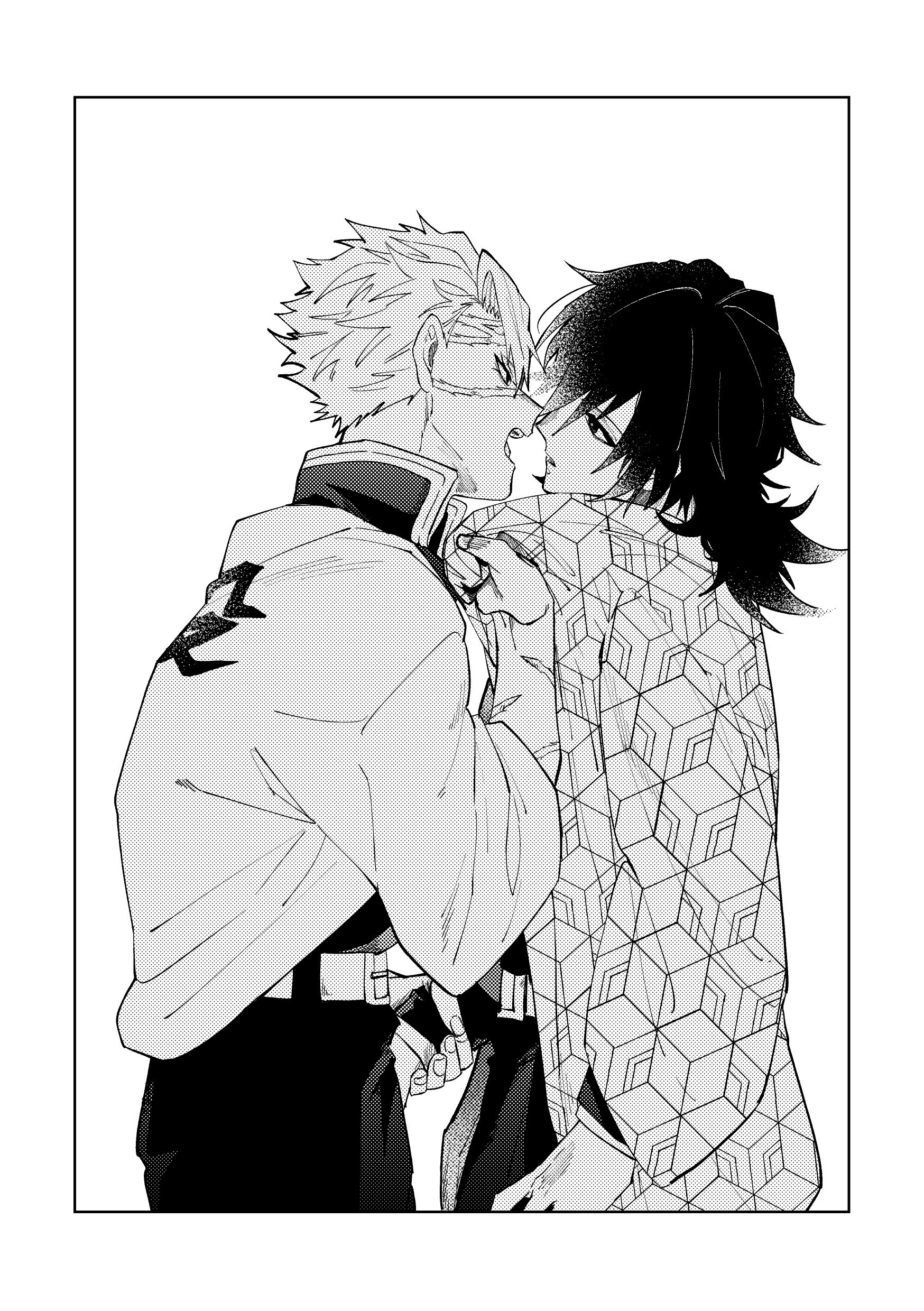 shinazugawa sanemi, tomioka giyuu, kimetsu no yaiba, absurdres, highres, 2boys, belt, black hair, black jacket, black pants, clothes writing, demon slayer uniform, greyscale, haori, jacket, japanese clothes, kikkoumon, low ponytail, male focus, monochrome, mtyb 72, multiple boys, open mouth, pants, ponytail, print haori, pulling another's clothes, scar, scar on face, short hair, spiked hair, teeth, white background, white belt