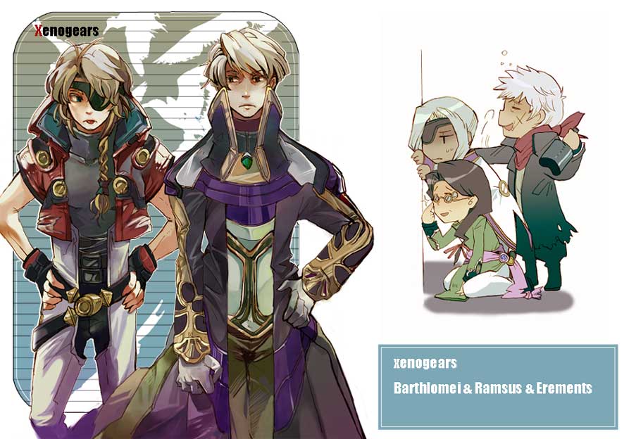 bartholomew fatima, citan uzuki, jessiah black, kahran ramsus, sigurd harcourt, xenogears, 5boys, black hair, blonde hair, eyepatch, glasses, grey hair, male focus, multiple boys, ramsus kahr