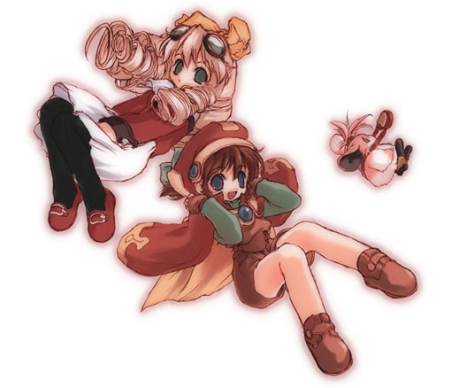 sagano aoi, chu-chu, chu chu (xenogears), marguerite fatima, maria balthasar, xenogears, 2girls, bow, drill hair, hat, multiple girls, pantyhose, yellow bow