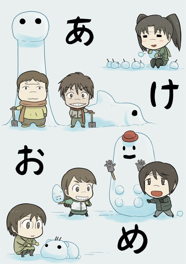 denden, minami juujisei, amasawa yuuko, denpa (dennou coil), harakawa ken'ichi, hashimoto fumie, okonogi yuuko, sawaguchi daichi, searchmaton (dennou coil), dennou coil, translated, 00s, 3boys, 3girls, akeome, blush, chibi, happy new year, lightning bolt symbol, multiple boys, multiple girls, new year, snow, snowman