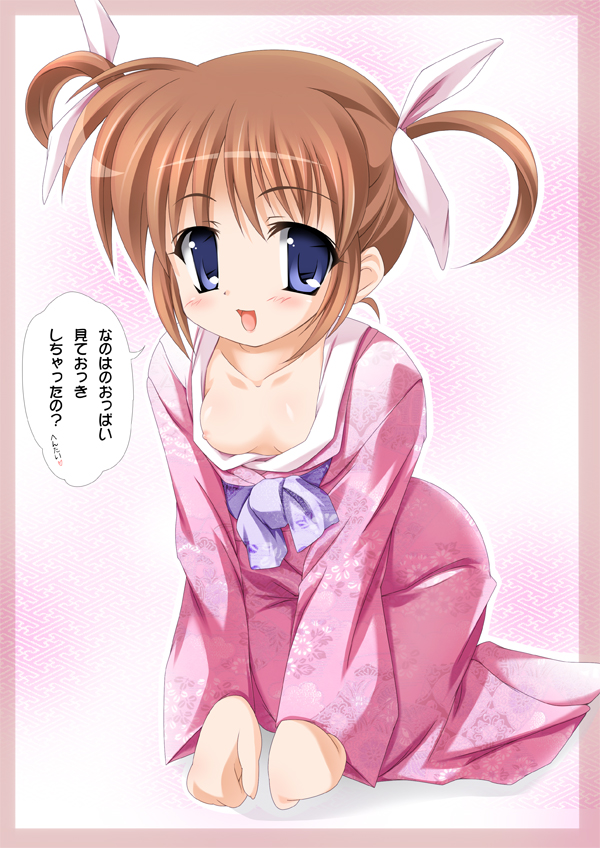 eccentriky, takamachi nanoha, lyrical nanoha, mahou shoujo lyrical nanoha, mahou shoujo lyrical nanoha a's, mahou shoujo lyrical nanoha strikers, translation request, 00s, 1girl, blue eyes, blush, breasts, brown hair, female focus, japanese clothes, kimono, loli, nipple slip, nipples, purple eyes, small breasts, solo, twintails