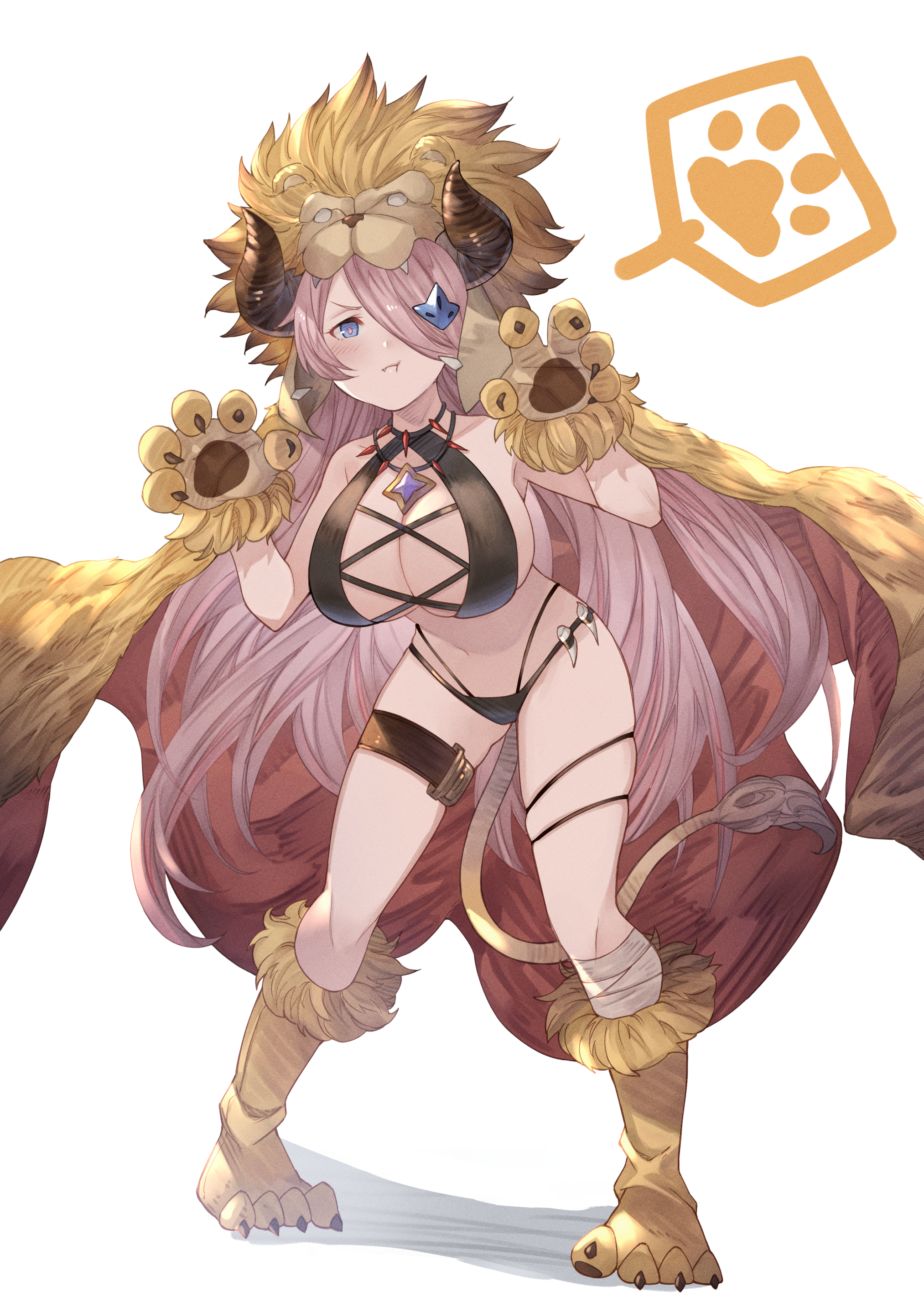 ayacho, narmaya (granblue fantasy), granblue fantasy, absurdres, commission, highres, skeb commission, 1girl, alternate costume, animal hands, blue eyes, breasts, draph, fake tail, gloves, gluteal fold, hair over one eye, large breasts, legs apart, lion tail, long hair, looking at viewer, paw gloves, paw shoes, purple hair, skindentation, solo, tail, thigh strap, white background