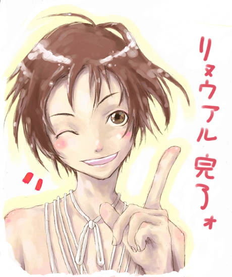 1girl, blush, brown eyes, brown hair, female focus, one eye closed, short hair, solo