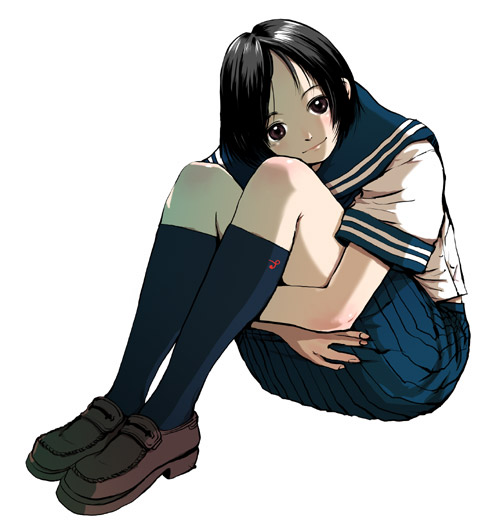 nagasawa shin, copyright request, 1girl, black hair, brown eyes, female focus, hugging own legs, looking at viewer, school uniform, serafuku, short hair, simple background, smile, solo