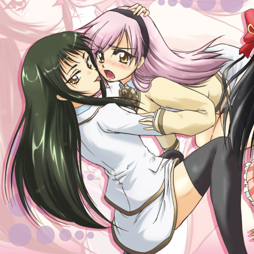 nanto yaya, okuwaka tsubomi, strawberry panic!, black legwear, 00s, 2girls, :o, dress, green hair, hug, long hair, long sleeves, looking at viewer, multiple girls, open mouth, sidelocks, thighhighs, very long hair, white dress, yellow eyes, zettai ryouiki, zoom layer