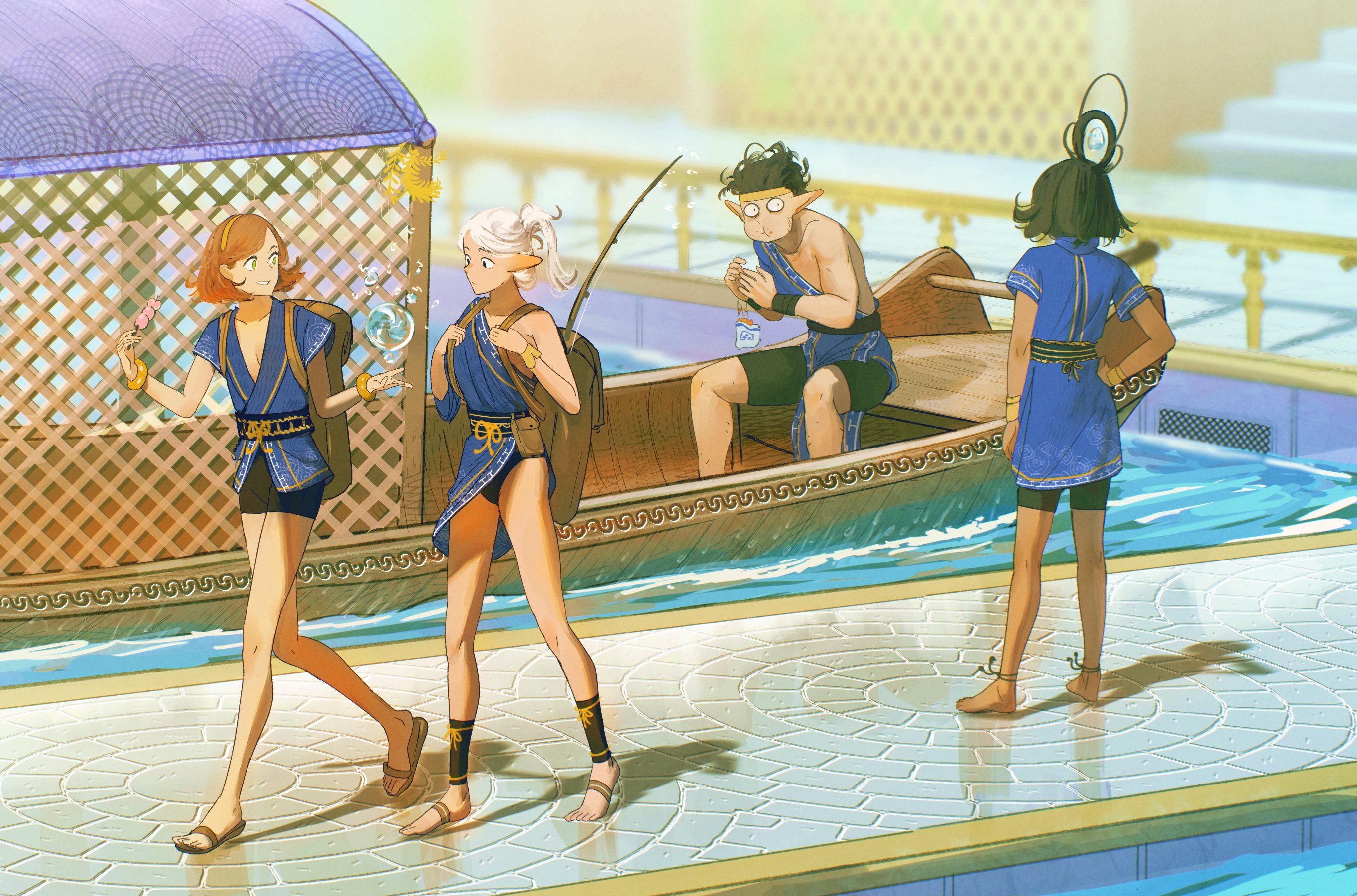 spindle (aidenr0), asimov (spindle (aidenr0)), ottilie (spindle (aidenr0)), original, commentary, english commentary, highres, 1boy, 3girls, :t, black hair, blue dress, blurry, blurry background, boat, breasts, brown hair, bubble, cleavage, constricted pupils, dock, dress, dropping, eating, facing away, from side, full body, green eyes, hand on own hip, looking at another, medium hair, multiple girls, outdoors, own hands together, pointy ears, sandals, short hair, shorts, sitting, smile, standing, surprised, walking, water, watercraft, white hair, wide-eyed
