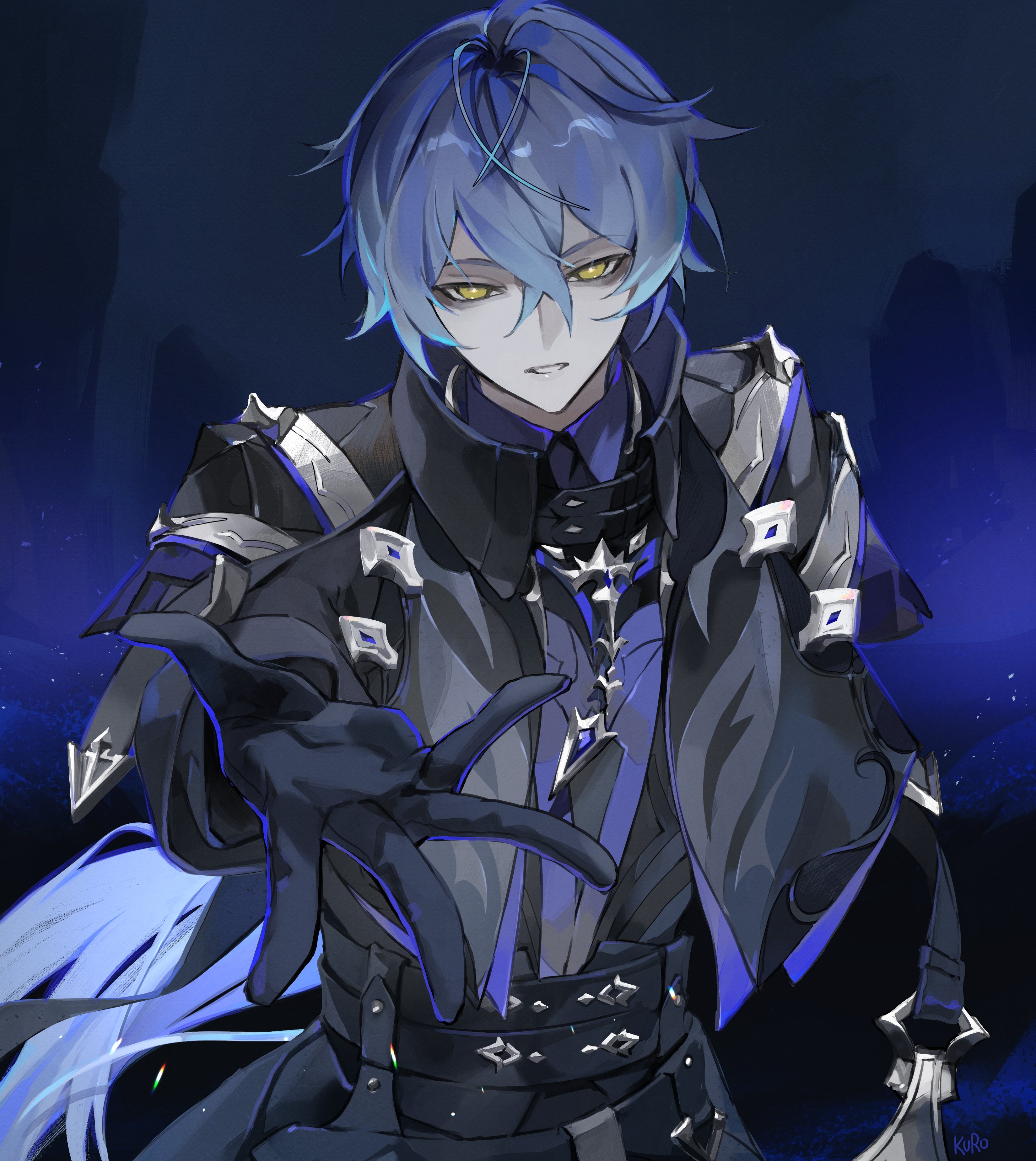 kamui (kurohshiro1), flins (genshin impact), genshin impact, absurdres, commentary, english commentary, highres, 1boy, absurdly long hair, belt, black belt, black gloves, black jacket, black shirt, blue hair, collared jacket, cowboy shot, double-parted bangs, gloves, hair between eyes, high collar, jacket, long hair, long sleeves, looking at viewer, male focus, multiple belts, outstretched arm, outstretched hand, parted lips, reaching, reaching towards viewer, shirt, smile, solo, very long hair, wing collar, yellow eyes