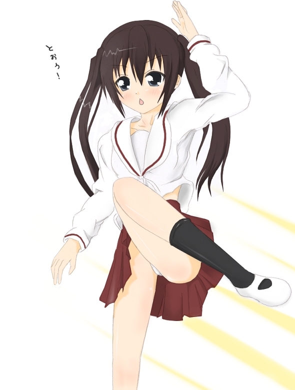kuro inu, kuroinu (sonoba shinogi), minami kana, minami-ke, 00s, 1girl, arm up, blue eyes, blush, brown hair, chestnut mouth, female focus, kicking, leg up, open mouth, panties, pantyshot, school uniform, serafuku, skirt, solo, twintails, underwear, upskirt