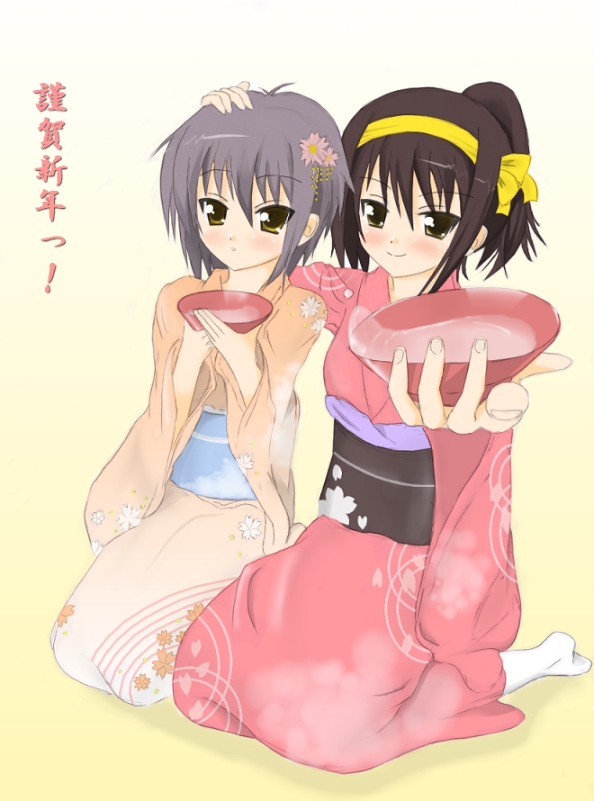 kuro inu, kuroinu (sonoba shinogi), nagato yuki, suzumiya haruhi, suzumiya haruhi no yuuutsu, 00s, 2girls, alcohol, blush, brown eyes, brown hair, hairband, japanese clothes, kimono, multiple girls, new year, sake, short hair, yellow eyes