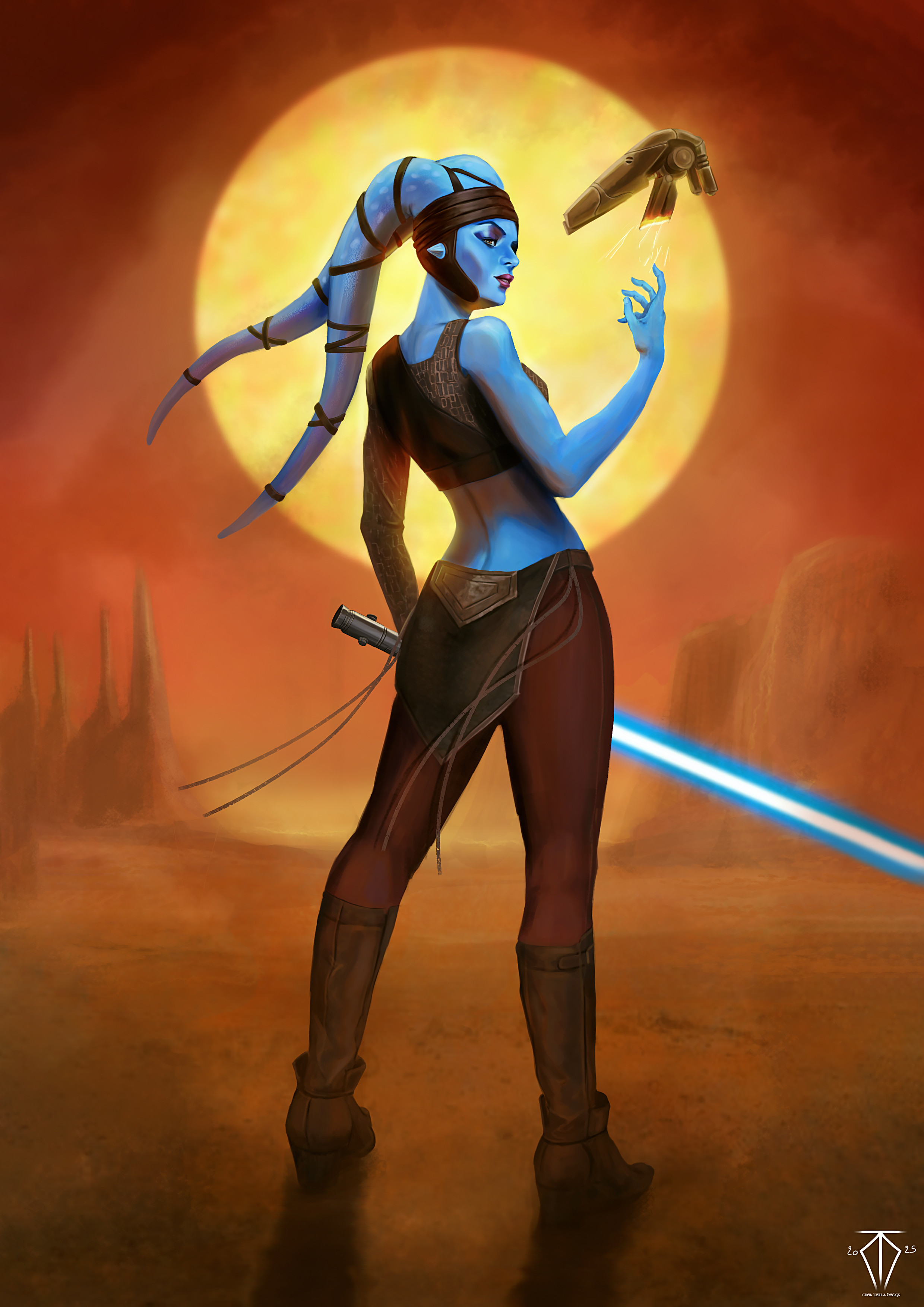 terramj, aayla secura, b1 battle droid, twi'lek, star wars, absurdres, highres, 1girl, alien, artist logo, blue lightsaber, blue skin, brown pants, brown shirt, colored skin, crop top, energy sword, full body, full moon, holding, holding sword, holding weapon, lekku (anatomy), lightsaber, logo, looking at viewer, looking back, moon, pants, shirt, single sleeve, solo, standing, sword, weapon