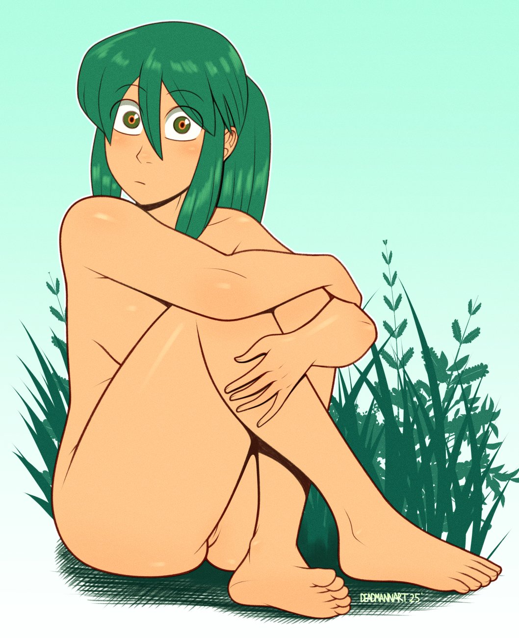deadmann artworks, commentary, english commentary, highres, 1girl, angora (the meek), artist name, barefoot, borrowed character, breasts, closed mouth, completely nude, crossed legs, full body, grass, green eyes, green hair, hair between eyes, long hair, looking at viewer, medium breasts, nude, nudist, outdoors, shiny skin, signature, simple background, sitting, solo, the meek, toes