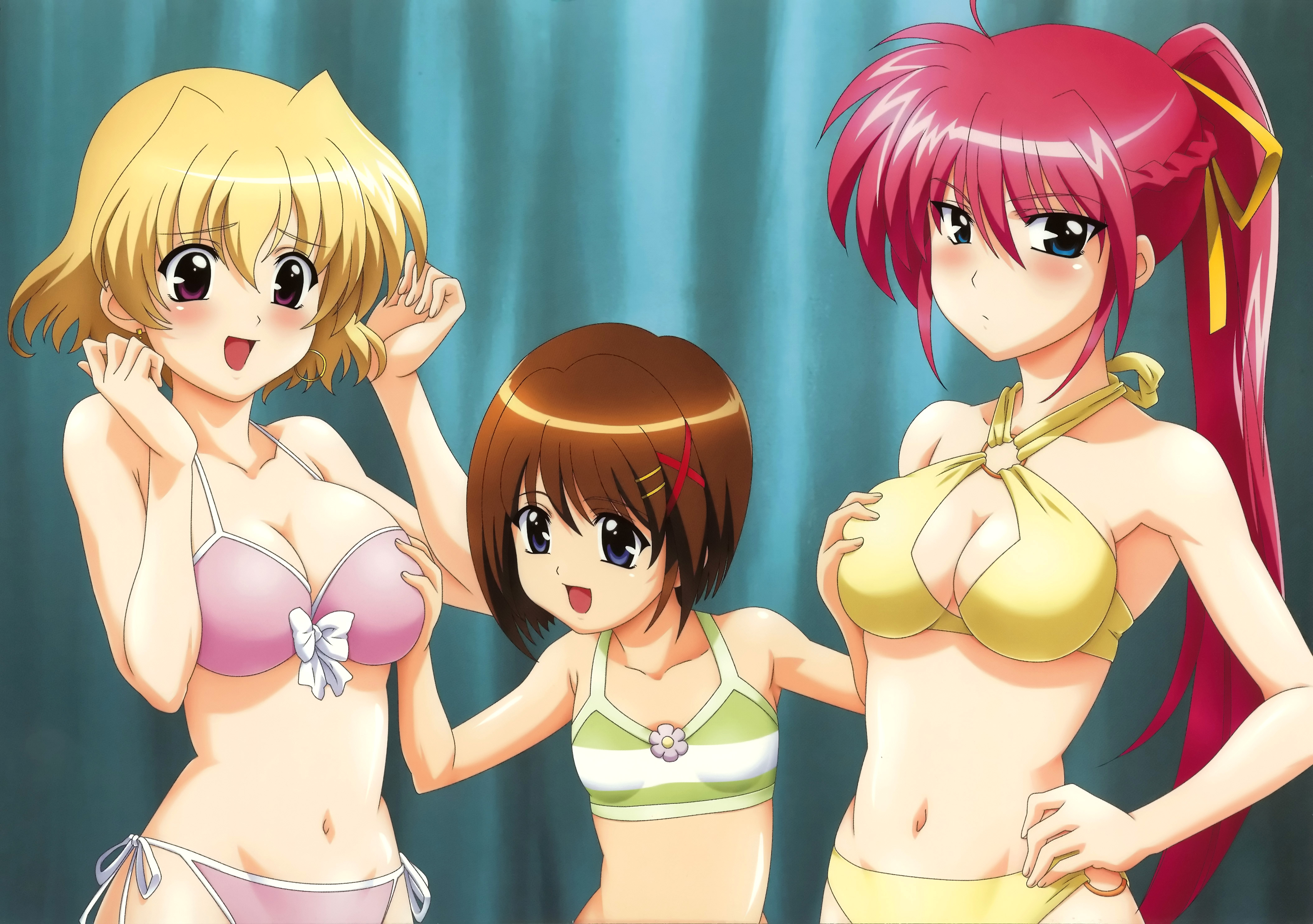 shamal, signum, yagami hayate, lyrical nanoha, mahou shoujo lyrical nanoha, mahou shoujo lyrical nanoha a's, french braid, absurdres, highres, 00s, 3girls, :d, age difference, bikini, blonde hair, blue eyes, blush, bow, bow bikini, braid, breasts, brown hair, cleavage, cleavage cutout, clenched hands, clothing cutout, criss-cross halter, curtains, earrings, embarrassed, flower, frown, grabbing another's breast, green bikini, groping, hair between eyes, hair ornament, hair ribbon, hairclip, halterneck, hand on own hip, high ponytail, hoop earrings, jewelry, large breasts, loli, long hair, looking at breasts, looking at viewer, looking down, multiple girls, navel, o-ring, o-ring bikini, o-ring bottom, o-ring top, onee-loli, open mouth, pink bikini, ponytail, purple eyes, red hair, ribbon, short hair, side-tie bikini bottom, small breasts, smile, standing, striped bikini, striped clothes, surprised, surprised arms, swimsuit, tankini, upper body, very long hair, x hair ornament, yellow bikini, yuri