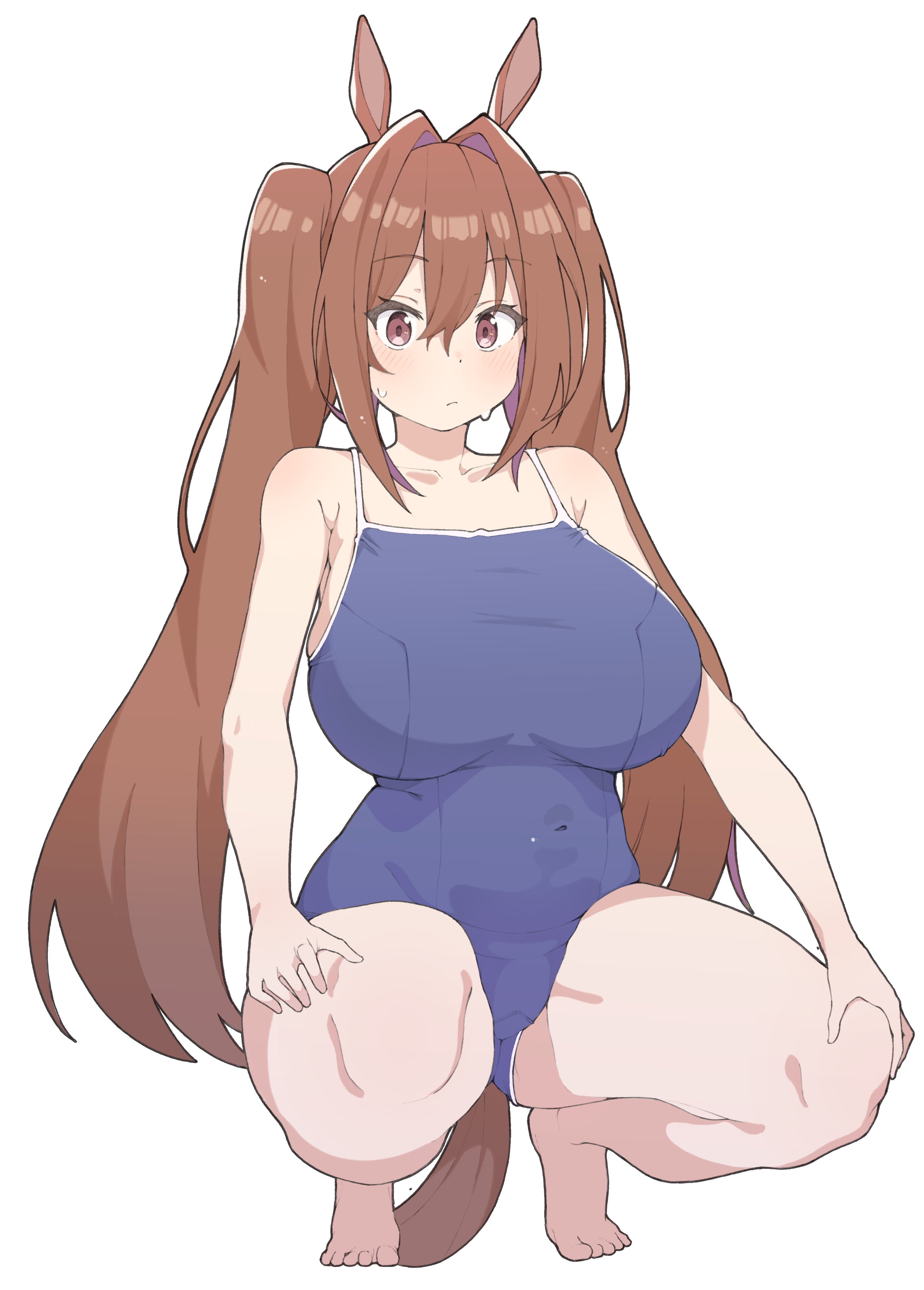 s10021, daiwa scarlet (umamusume), umamusume, absurdres, highres, 1girl, animal ears, barefoot, blue one-piece swimsuit, breasts, brown eyes, brown hair, full body, gluteal fold, hair intakes, hands on own knees, horse ears, horse girl, horse tail, huge breasts, long hair, one-piece swimsuit, solo, squatting, swimsuit, tail, tiptoes, twintails, very long hair, wet, white background